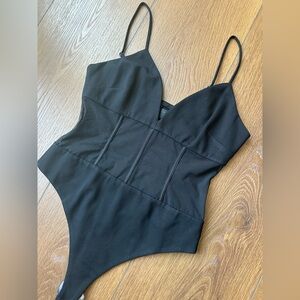 Michael Costello X Revolve Black Structured  Bodysuit with Sheer Panels